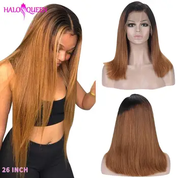 

HALOQUEEN Straight 13*4 Lace Front Human Hair Wigs Ombre 2# Brown Color Wig Density 130% 150% Brazilian Remy Hair Bleached Knots