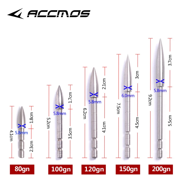 

6pcs DIY 80 100 120 150 170 200 Grain Stainless Steel Bullet Point Tip For ID 4.2mm Arrow Shaft Arrow Head Archery Accessory