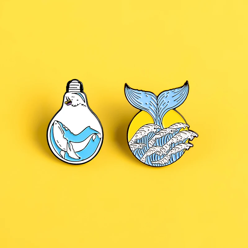 

Trapped in light bulb Whale enamel pin Beautiful Whale tail Wave Lapel pins badges Desire for freedom brooches for women jewelry