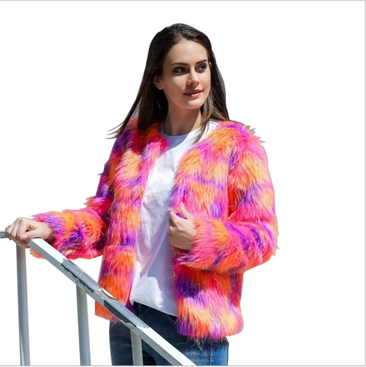 Негабаритная разноцветная Радужная осенне-зимняя искусственная Меховая куртка с длинными рукавами из искусственной эко-кожи, пальто, верхняя одежда для женщин, куртки