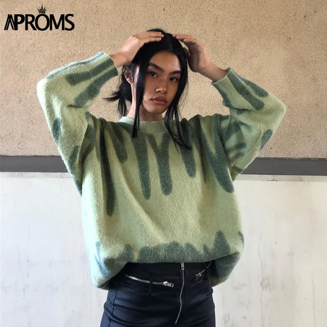 Aproms Elegant Green Striped Print Oversized Pullovers Women Winter O-Neck Loose Long Sweaters Streetwear Warm Outerwear 2021 Green