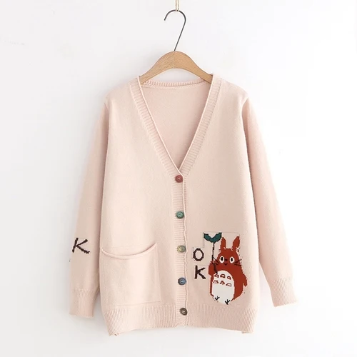 light khaki Neploe японский осенний вязаный кардиган с вышивкой из мультфильма Повседневный свитер куртка Женский однобортный трикотажные изделия 54582 - Цвет: light khaki