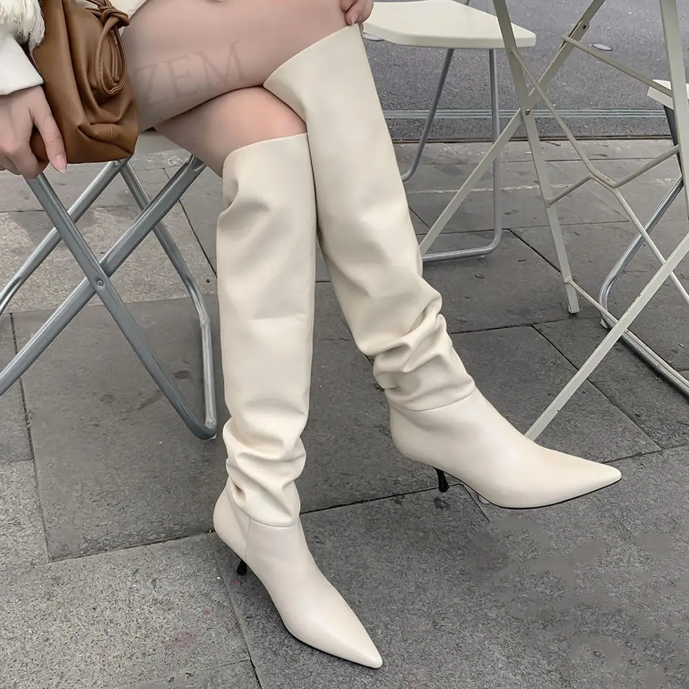 Laigzem Super Women Knee High Boots Leather+ Stretchy Pu Kitten Heels  Pleated Boots Zapato Botines Slip On Large Size 39 42 43 - Women's Boots -  AliExpress