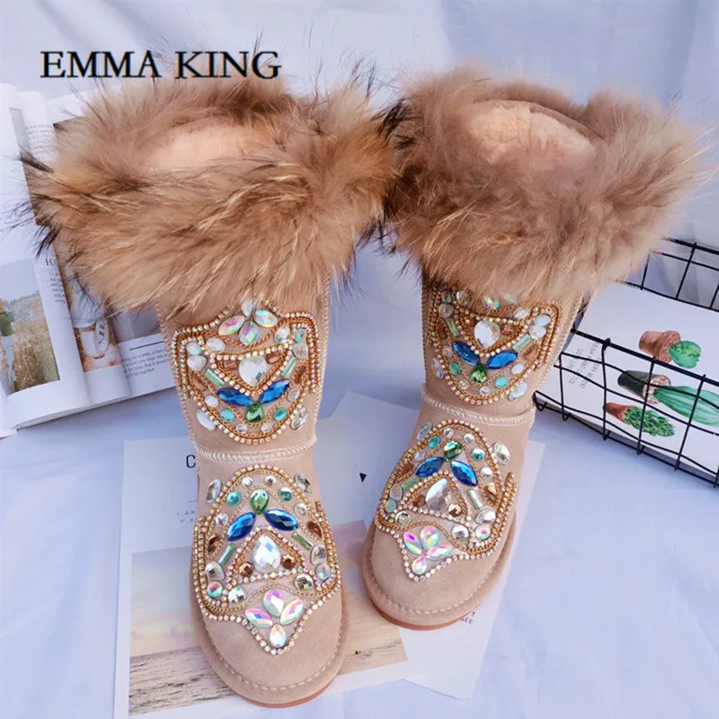 Emma king/Женская обувь без шнуровки сапоги до колена шикарные ботинки с кристаллами и лисьим мехом для девочек зимние женские теплые ботинки с лисьим мехом и стразами