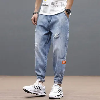 

Japanese Style Fashion Men Jeans Patchwork Bottom Designer Harem Pants Loose Fit Light Blue Streetwear Ripped Hip Hop Jeans Men