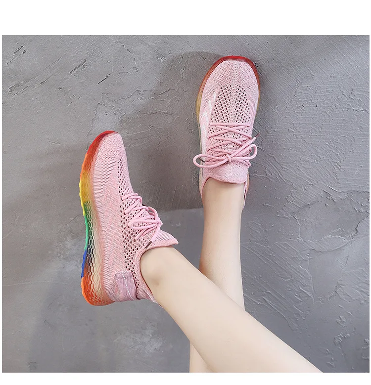 HKXN New Rainbow Jelly Soles Women Vulcanized Sneakers Sports Shoes Outdoor Woven Mesh Breathable Casual Lace Casual Shoes