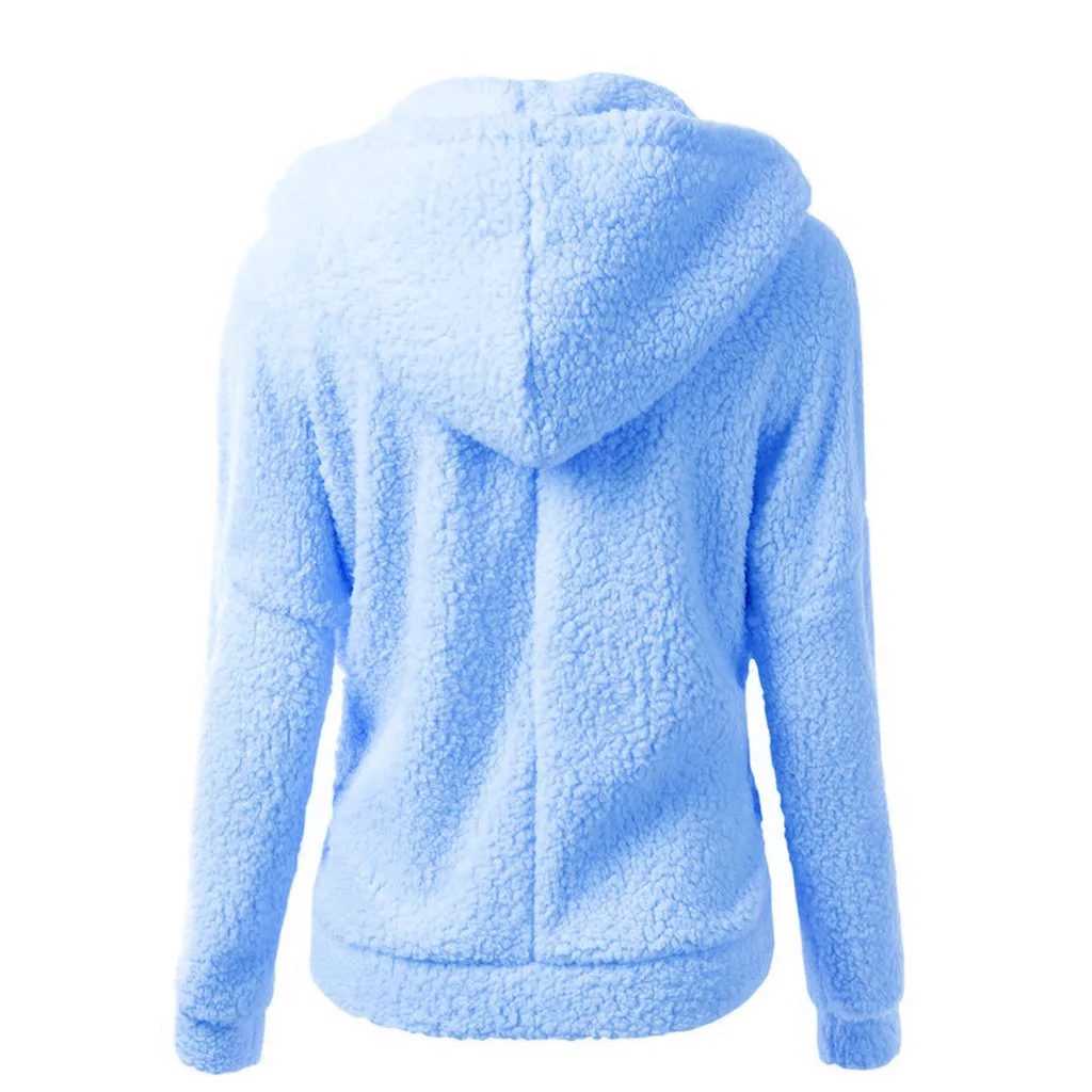 Women Solid Color Coat Thicken Soft Fleece Winter Autumn Warm Jacket Hooded Zipper Overcoat Female Fashion Casual Outwear Coat