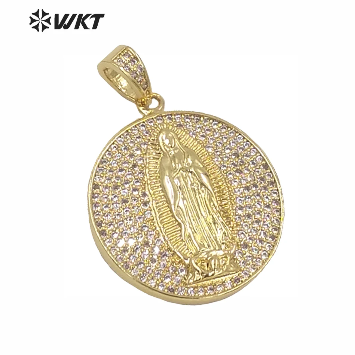 

WT-MP106 Gold And Silver Color Vermeil Virgin Mary Medallion Pendant In Round Shape CZ Pave Charming Pendant For Women Necklace