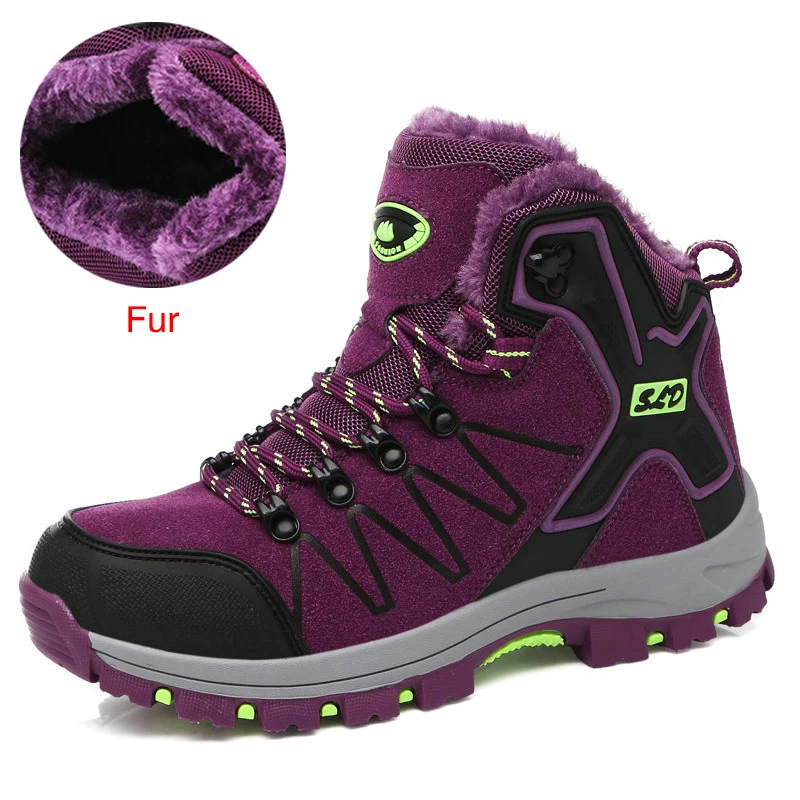 ZIMNIE/Мужская Треккинговая обувь; нескользящая прогулочная обувь; горные ботинки; удобные теплые уличные кроссовки; женская зимняя походная обувь - Цвет: Purple Fur