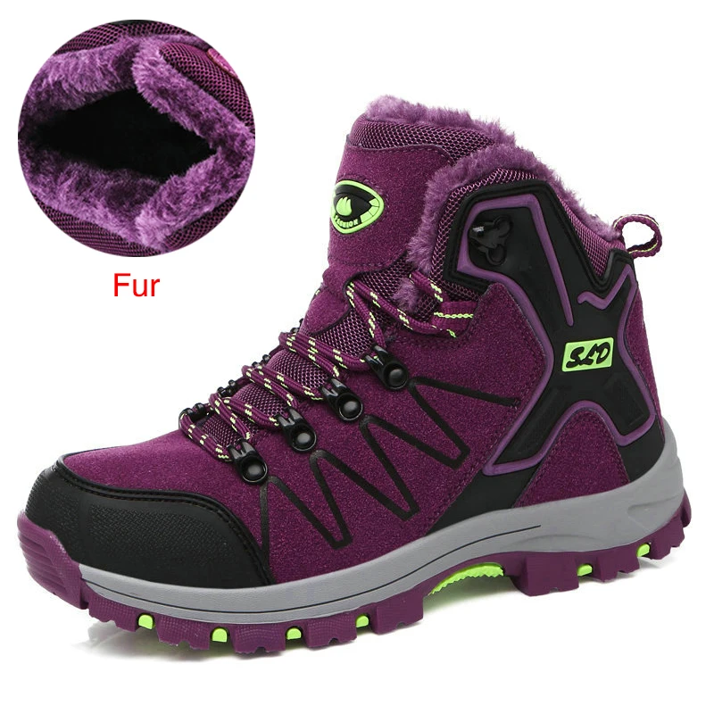 Purple Fur ZIMNIE/Мужская Треккинговая обувь; нескользящая прогулочная обувь; горные ботинки; удобные теплые уличные кроссовки; женская зимняя походная обувь - Цвет: Purple Fur