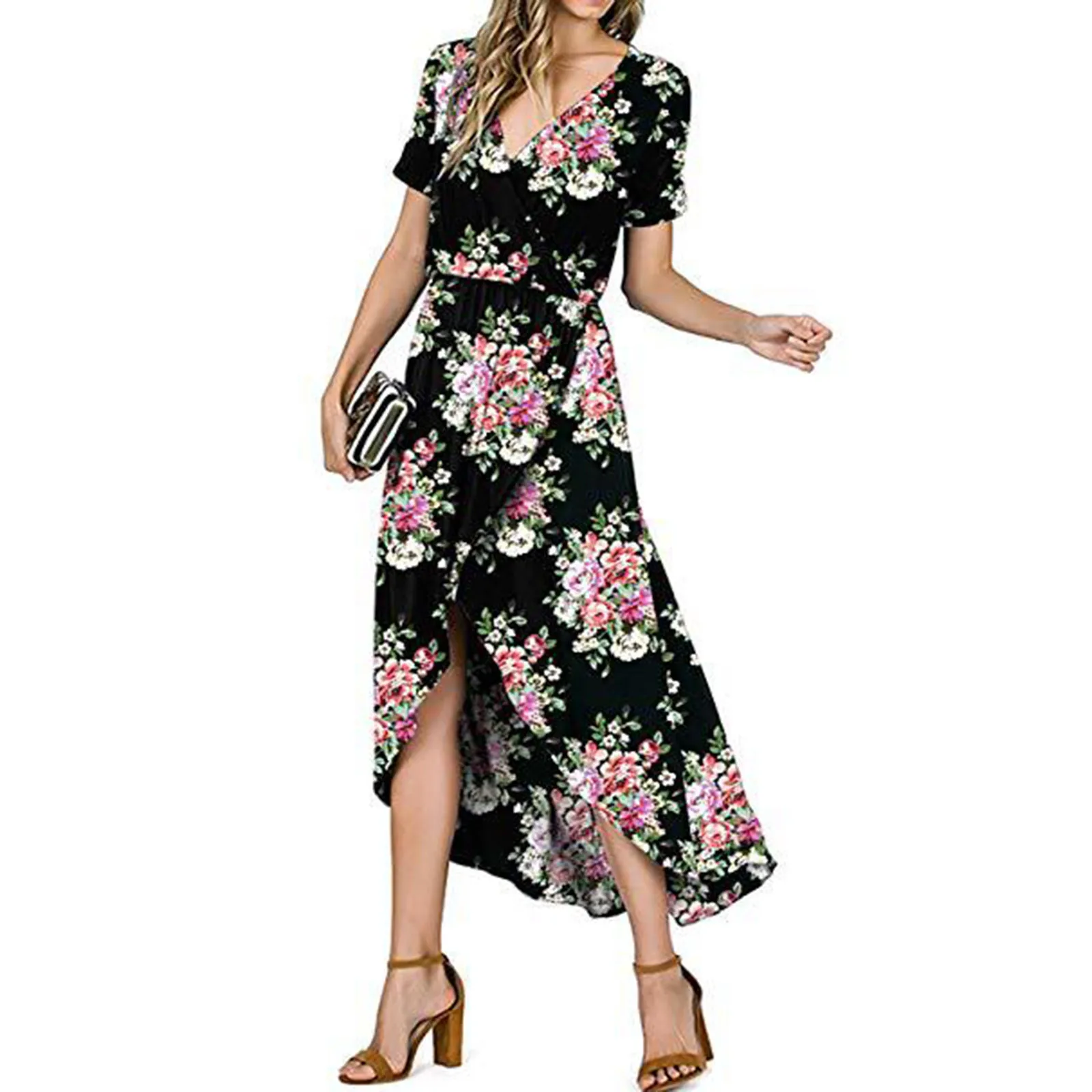 Ladies Summer Dress Print Short-sleeved V-neck Split Wwaist Sexy Slim Dress Maxi Dresses For Women Sukienka Boho Vestidos 2