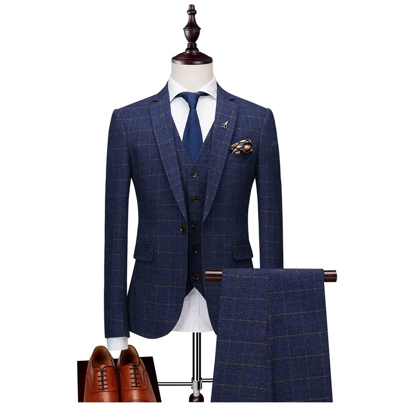 Blue Plaid 3 Piece Men Suits Sets Mens Dress Suits Formal Slim Fit Groomsmen Wedding Suits Blazer Vest Pants - Цвет: Blue