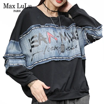 

Max LuLu 2020 Korean Ladies Autumn Tops Fashion Patchwork Clothes Womens Printed Denim T-shirts Vintage Long Sleeve Tee Shirts