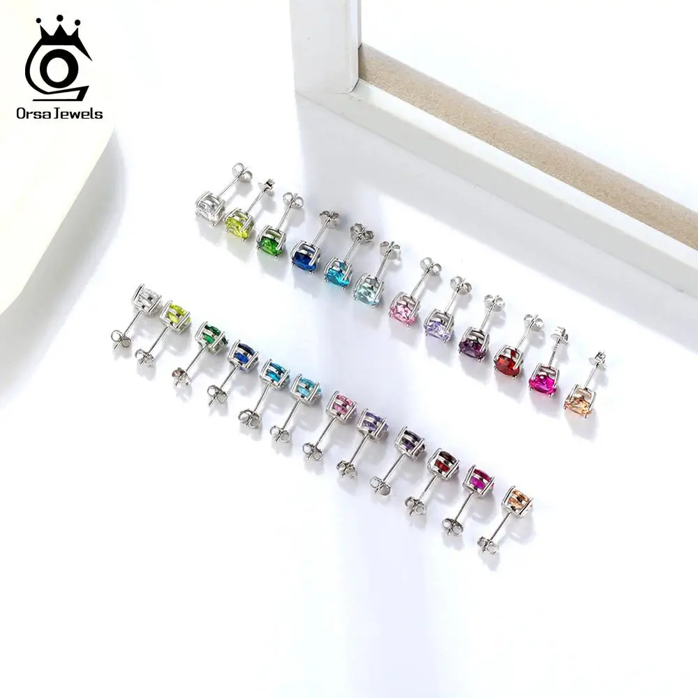 ORSA JEWELS 12 цветов серьги гвоздики для женщин из стерлингового серебра 925 пробы с