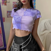 

Macheda Summer Fashion Hit Color Patchwork Crop Top Women Rib-knitted Casual Ruffle Sleeve Slim Lady T-shirt Street 2020 New