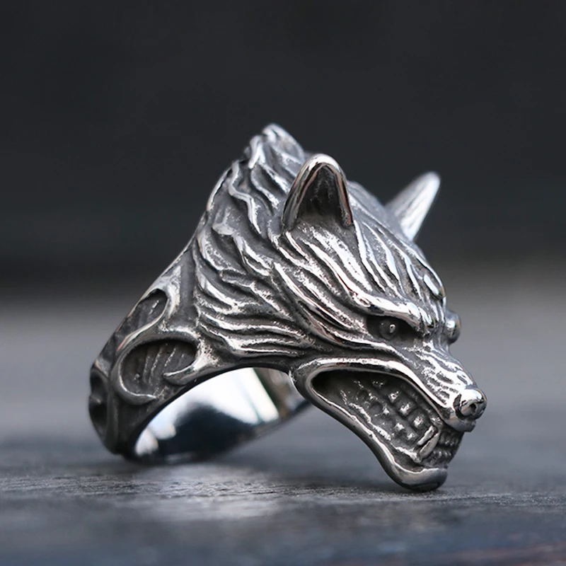 316L Stainless Steel Viking Wolf Ring Men's Biker Wolf Head Animal Ring Nordic Amulet Jewelry Size 7-13
