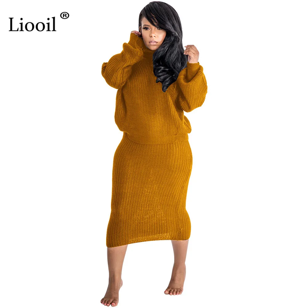 Liooil комплект одежды из двух предметов, сексуальный теплый свитер, платье миди, Женское зимнее платье с длинным рукавом, водолазка, вечерние платья бодикон для ночного клуба