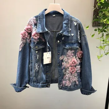 

2020 Spring Autumn Jeans Jacket Coat Women New Stereo Pink Flower Embroidered Hole Denim Jackets Student Basic Coats Outerwear