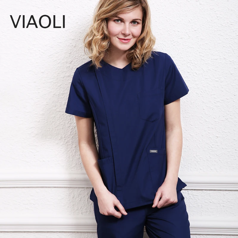 Button and zipper surgical gown medical suit, summer breathable cotton nurse scrub uniform ,top and pants