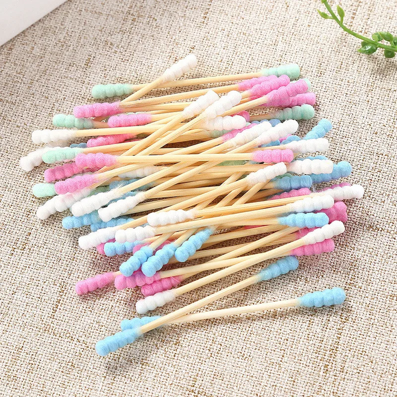 200pcs Portable Soft Dual-head Cotton Swab Stick Bamboo Handle Hygiene Care Candy Color Thread Double-head Cotton Swab Stick