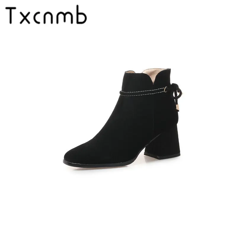 

TXCNMB Autumn Winter Punk Round Toe Boots Women Ankle Boots Cow Suede Leather Motorcycle Short Boots Party Shoes Woman