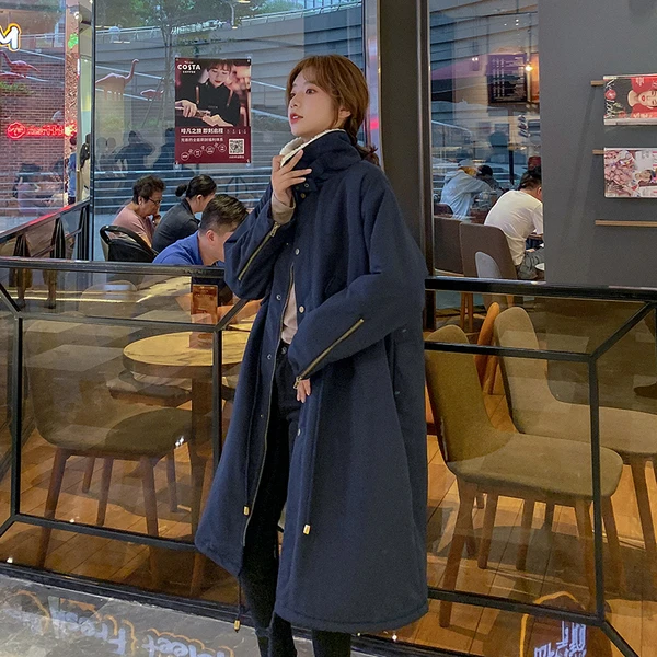 Dark blue Модный однотонный женский пуховик, Повседневный, свободный, длинный, плотный, стоячий воротник, сохраняющий тепло, дикое зимнее хлопковое пальто - Цвет: Dark blue