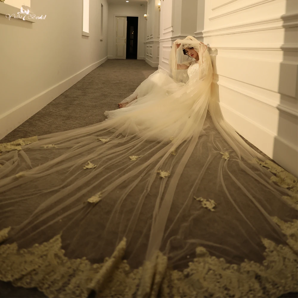 picture color LZP553 Yiai реальное изображение шампанского Кружевной Край Соборная свадебная вуаль металлическая расческа Длинная фата невесты - Цвет: picture color