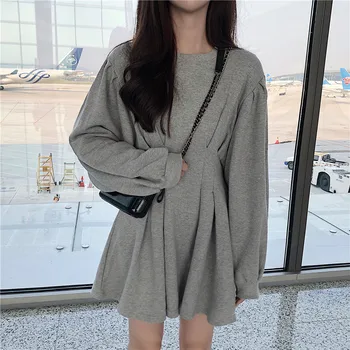 

2020 Autumn New Arrival Korean Style Waist Slim Fashion Folds Bat Sleeve Student Long Sleeve Dress Female Free Shipping