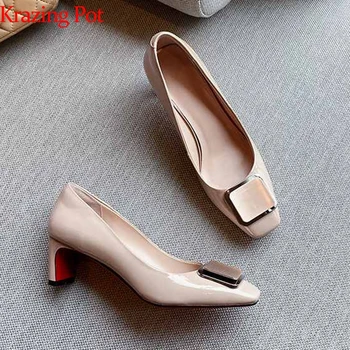 

Krazing pot genuine leather square toe gladiator brand high heels slip on metal fastener spring summer shallow elegant pumps L68
