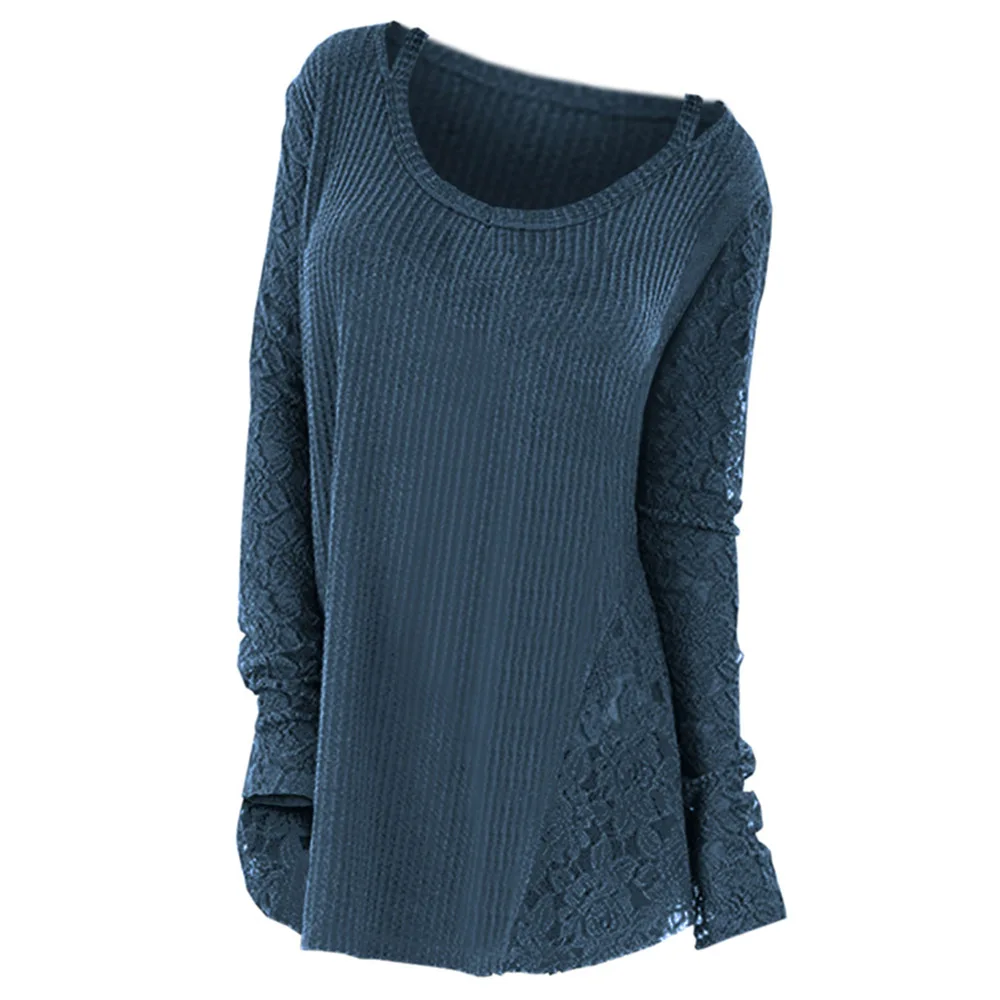 Peacock Blue Женские свитера больших размеров с длинными рукавами и кружевными вставками, Повседневные свитера с круглым вырезом и длинными рукавами, женские топы, пуловеры, осень - Цвет: Peacock Blue