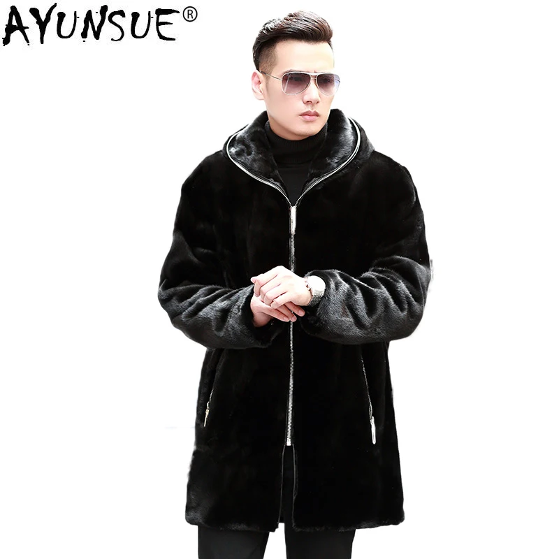 AYUNSUE Real Mink Fur Coat Men Winter Jacket Hooded Long Plus Size