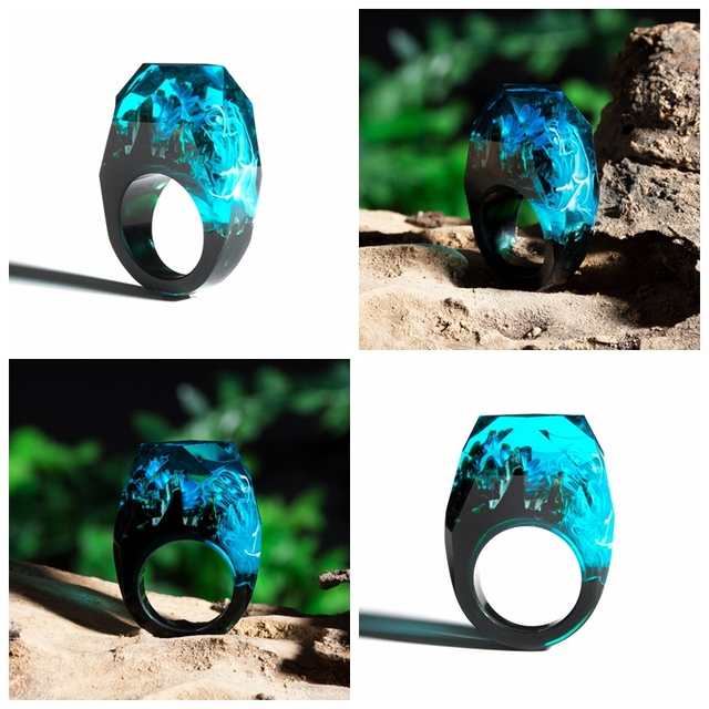 Fashion Wood Resin Ring Female Forest Handmade Rainbow Star Secret Sky Micro Landscape Wooden Ring High Quality Jewelry