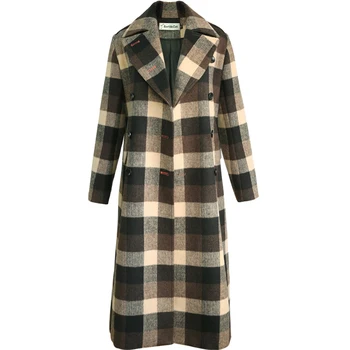 

winter fashion plaid woolen coat women double breasted straight vintage x-long wool blends coat