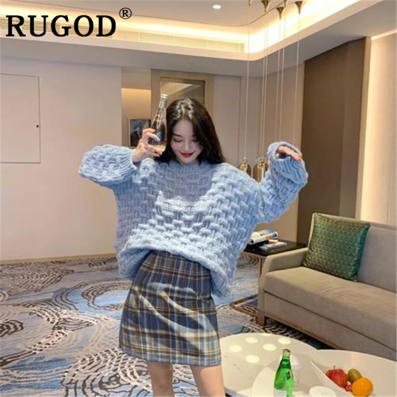 RUGOD Elegang вязаный свитер woemn винтажный круглый вырез длинный рукав белый пуловеры женские корейский шик auturm полые свитера