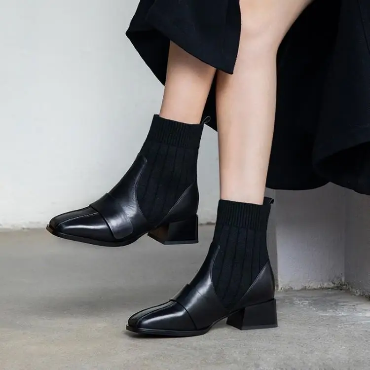 

Runway Patachwork Black Stretch Fabric Sock Boots Women Chic Square Toe Sewing Line Womens Shoes Chunky Heels Zapatos De Mujer