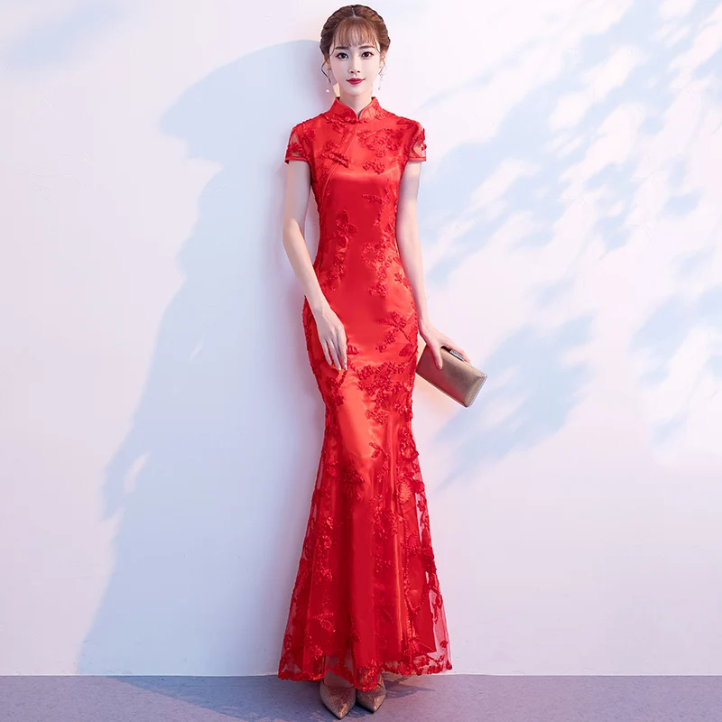 Красный элегантный воротник Мандарин Cheongsam для женщин пикантные рыбий хвост вечерние платье для выпускного вечера Винтаж китайский стиль Qipao длинное тонкое Vestidos
