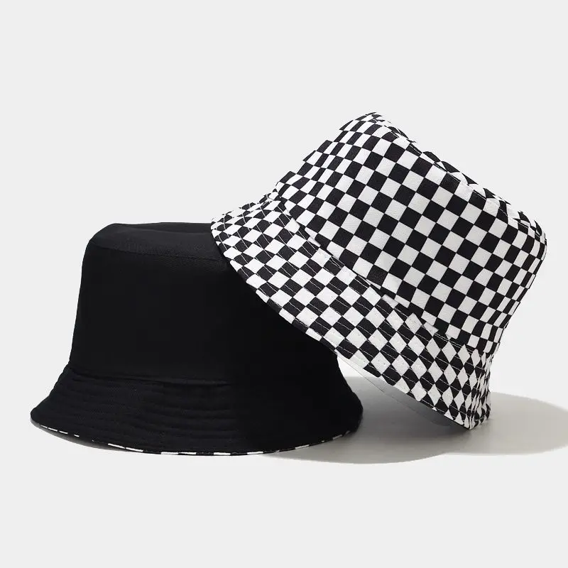 

Bucket Hat Two-sided Harajuku Black White Lattice Fisherman Hat Ladies Leisure Sun Hat Male Street Tide Basin Cap Hip Hop Cap