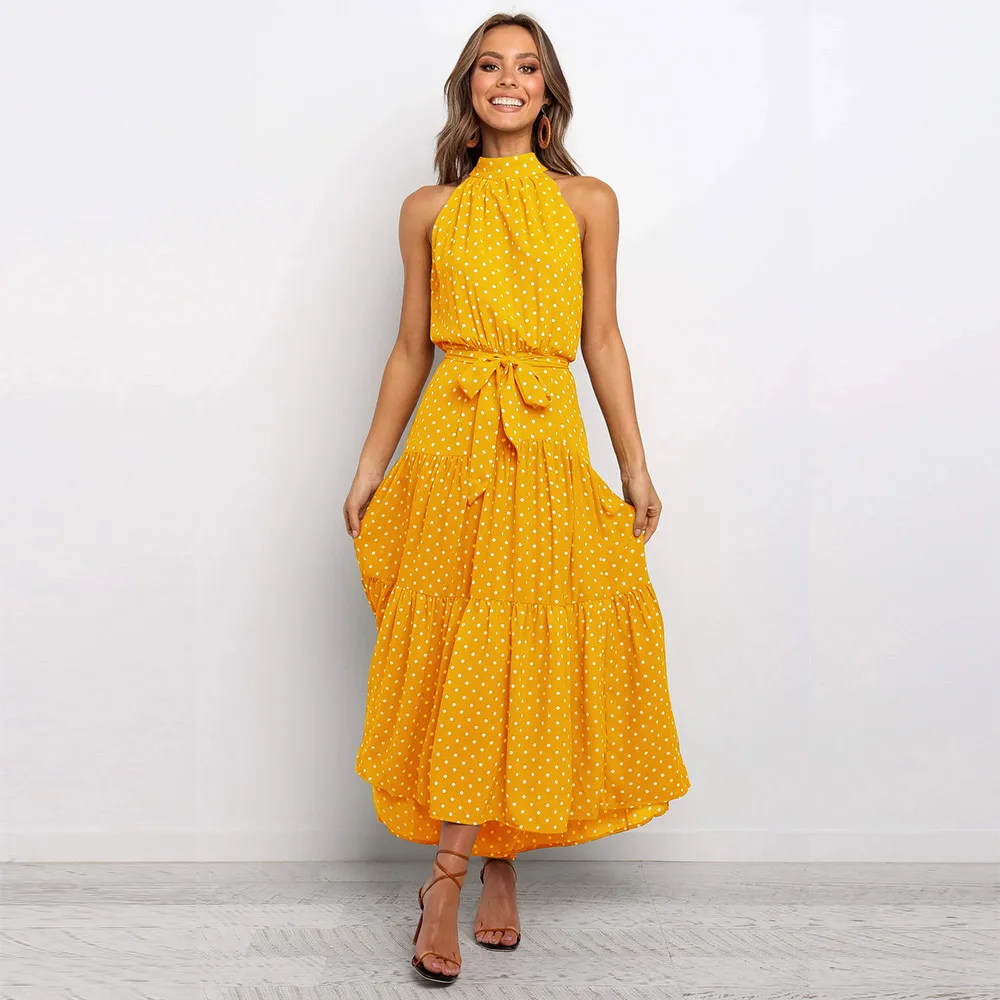 

2020 Sundress 11 Color Elegant Party Dress Bohemian Style Dot Maxi Dresses Sexy Sleeveless Long Dress Women Vestidos Beach Dress