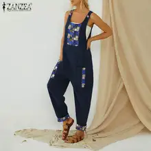 Women’s Patchwork Jumpsuits ZANZEA 2020 Kaftan Floral Overalls Casual Suspender Playsuits Female Summer Rompers Oversized Pants