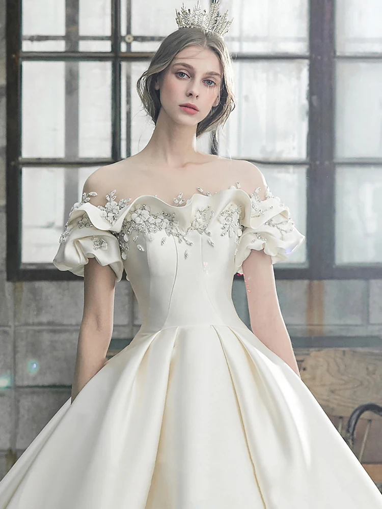 Off The Shoulder Flower Satin Wedding Dress 2023 New Floor Length Light Simple Bridal Dress Robe De Mariee