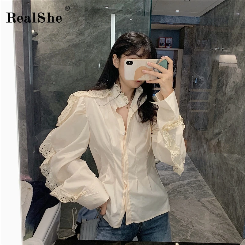 RealShe, женские рубашки,, стоячий воротник, длинный Пышный рукав, пуговицы, кружевная блузка, Женская Весенняя Повседневная Уличная одежда, Женские топы и блузки