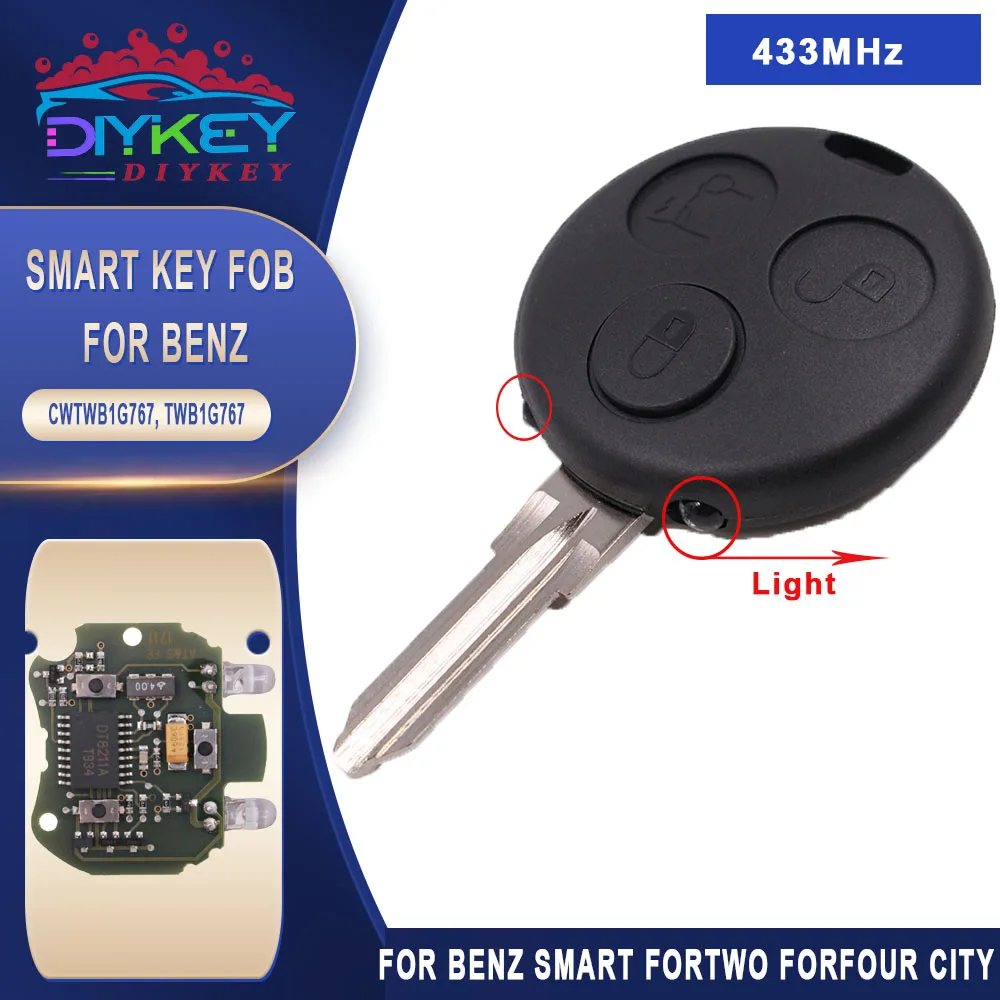 DIYKEY OEM 433MHz Remote Key 3 Buttons For Benz Smart Fortwo Forfour City Passion Pulse Roadster With 2 Infrared Lights Uncut 2 buttons auto car key fob shell replacement flip folding remote key case cover with uncut blade fit for benz