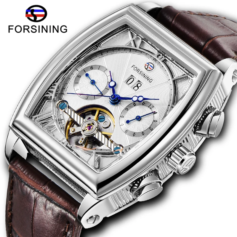 

Top Brand FORSINING Square Design Men Mechanical Watch White Dial Brown Leather Strap Watch Luxury Automatic Luminous Watches