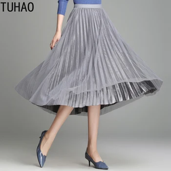 

TUHAO 2020 Spring Office Lady Elegant Party Tulle Skirts Women Long Skirt Female Elastic High Waist Pleated Tutu Skirt WM72