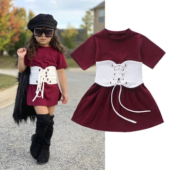

Summer Toddler Baby Girls Fashion Dress+Belt 2pcs Outfits Set Solid Short Sleeve Knee Length A-Line Dress Kids Girls Clothes
