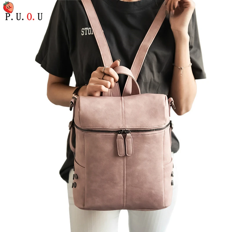 

Simple Style Backpack Women Leather Backpacks For Teenage Girls School Bags Fashion Vintage Solid Black Shoulder Bag Youth YX888