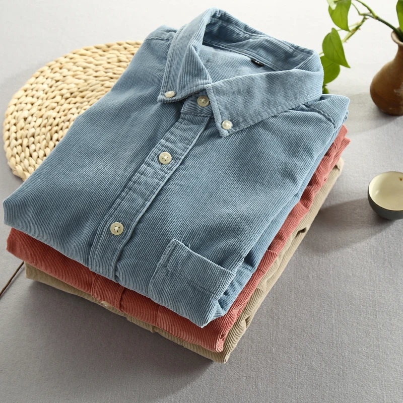 Men Spring And Autumn Fashion Brand Japan Style Vintage Slim Fit Corduroy Shirt Male Casual Blue Red Solid Color Shirt Cloth