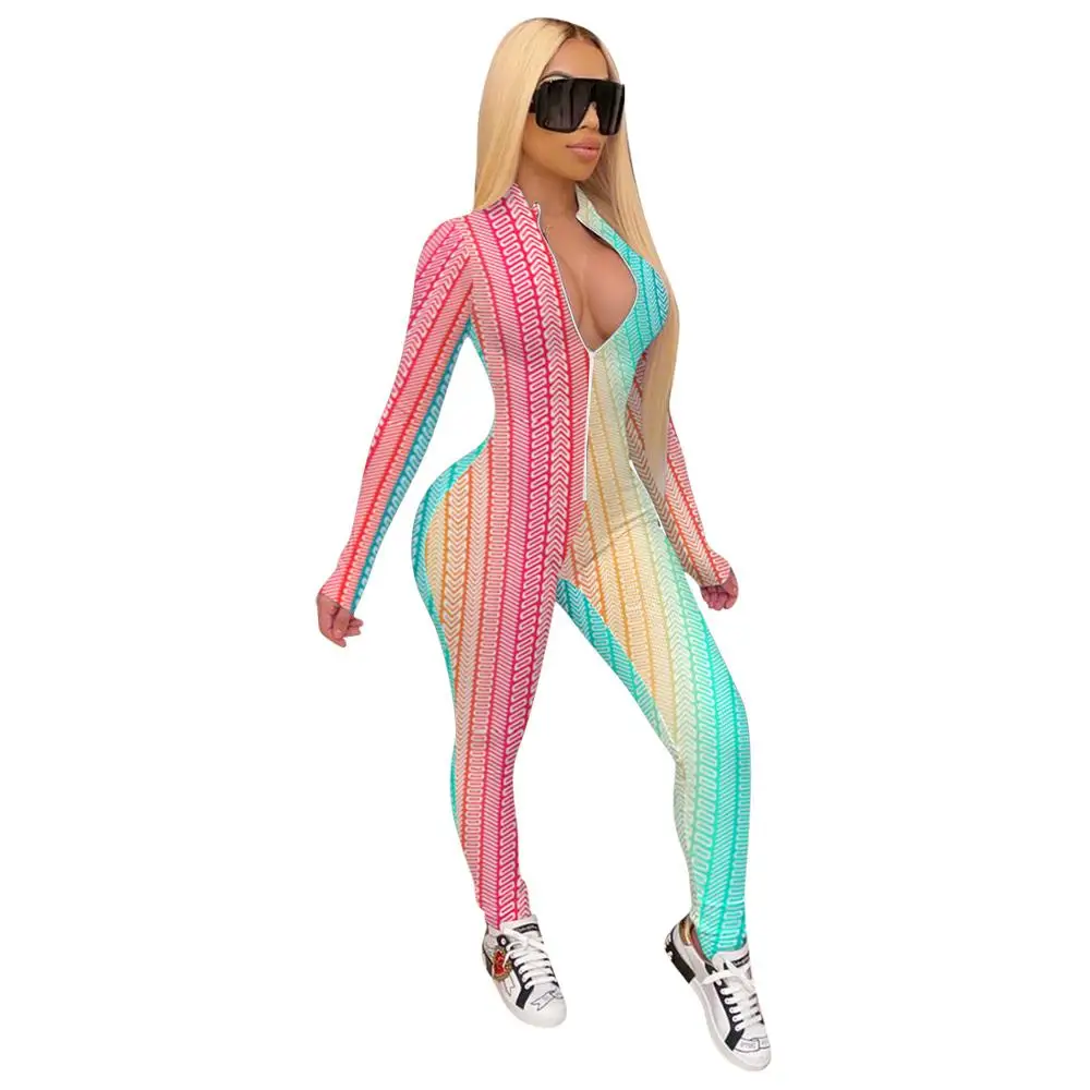 

Adogirl Women Rainbow Print Sport Jumpsuit Long Sleeve Zipper Up Bodycon Romper Casual One Piece Playsuit Bodysuits Streetwear