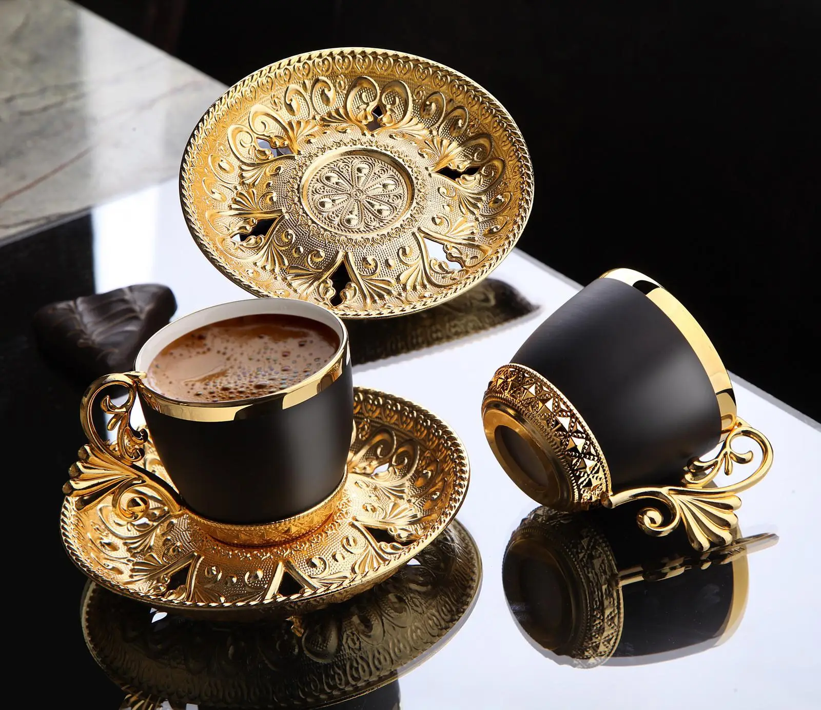 US $84.13 Turkish Golden Coffee Cups And Saucers Serving Set Ceramic Coffee Mugs Best For Home Decor Demistasse Porcelain Coffee Set