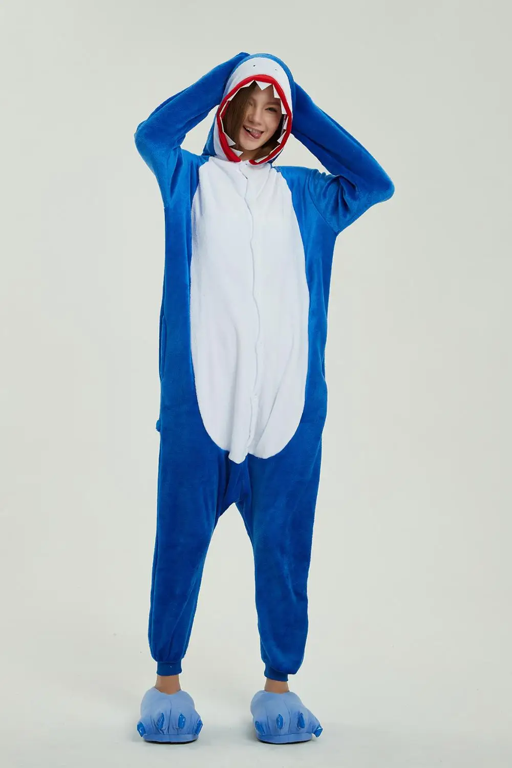 Пижамы с единорогом Kigurumi, зима, для взрослых, Ститч, Лев, тигр, комбинезоны, одежда для сна, комплекты с единорогом, для женщин, мужчин, унисекс, фланелевые комбинезоны - Цвет: shark